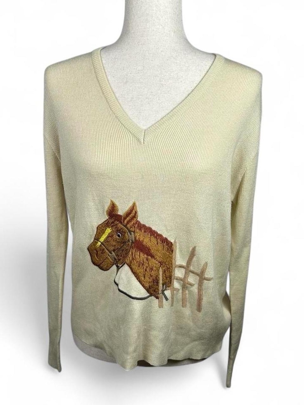Vintage 70s LeRoy Cream V‑Neck Knit Sweater with Embroidered Horse